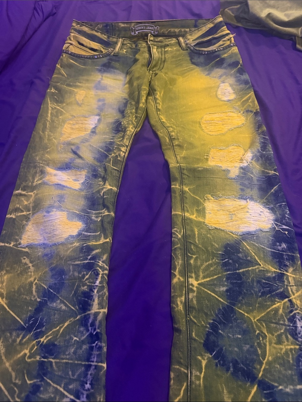 Robin's Jean Yellow and Blue Tie-Dye Distressed Denim